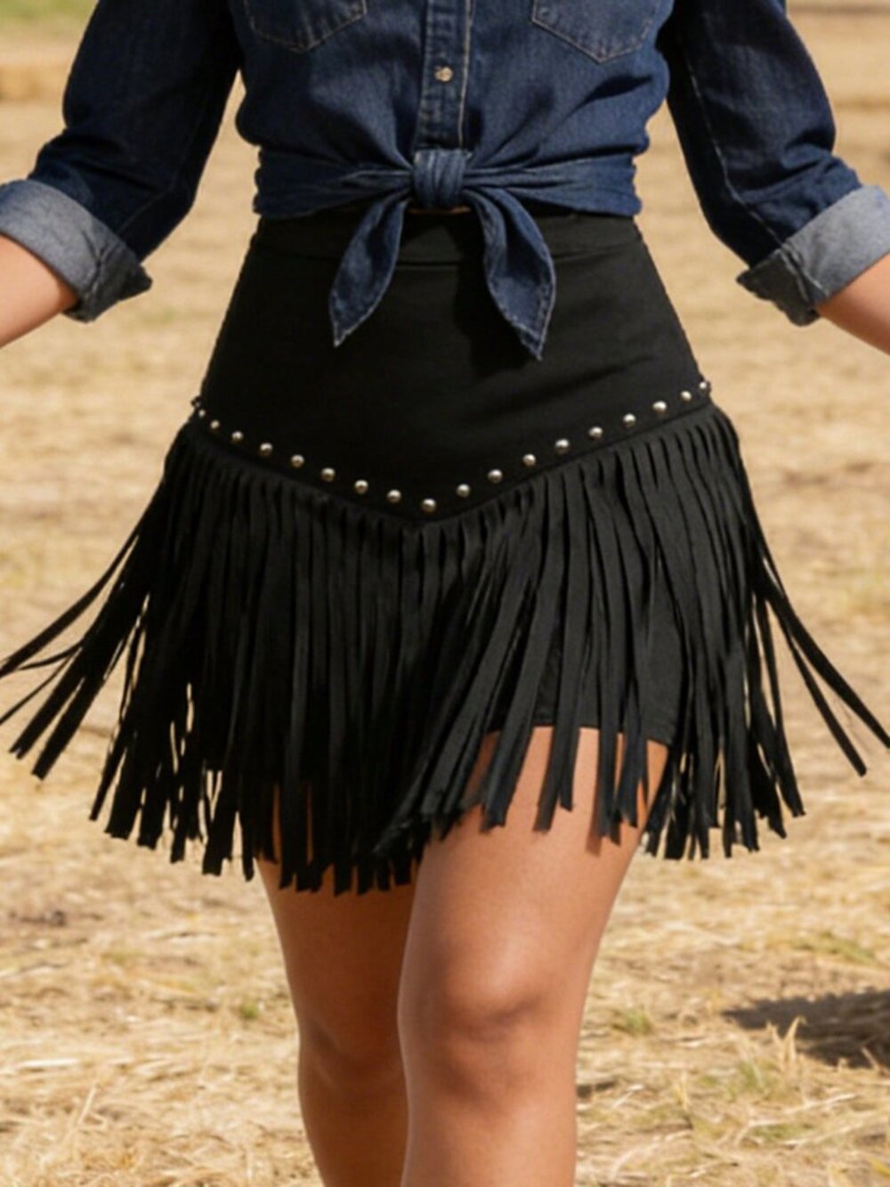 Black Casual Women's Western Cowgirl Beaded Fringe Trim Bodycon Skirt